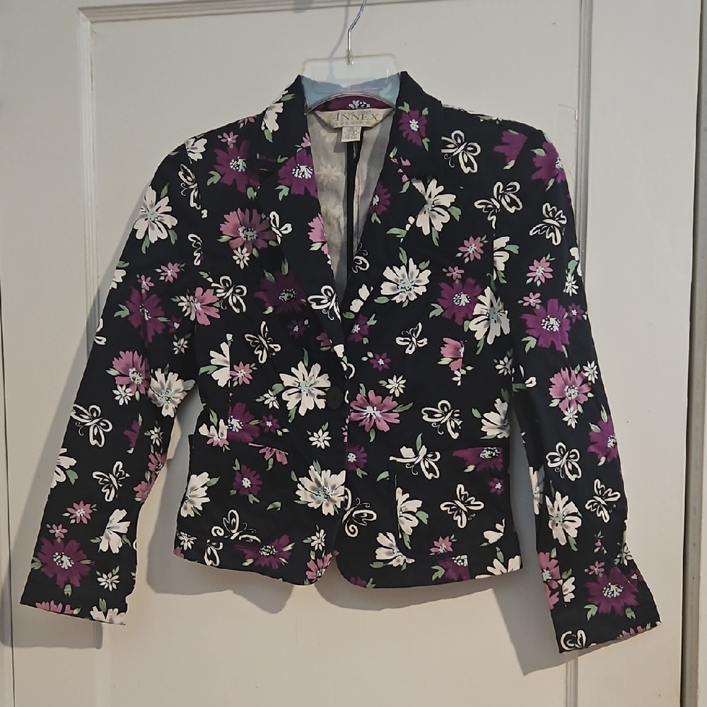 Casual Corner Black Floral Cropped Blazer - Purple & White - Size 0 Petite